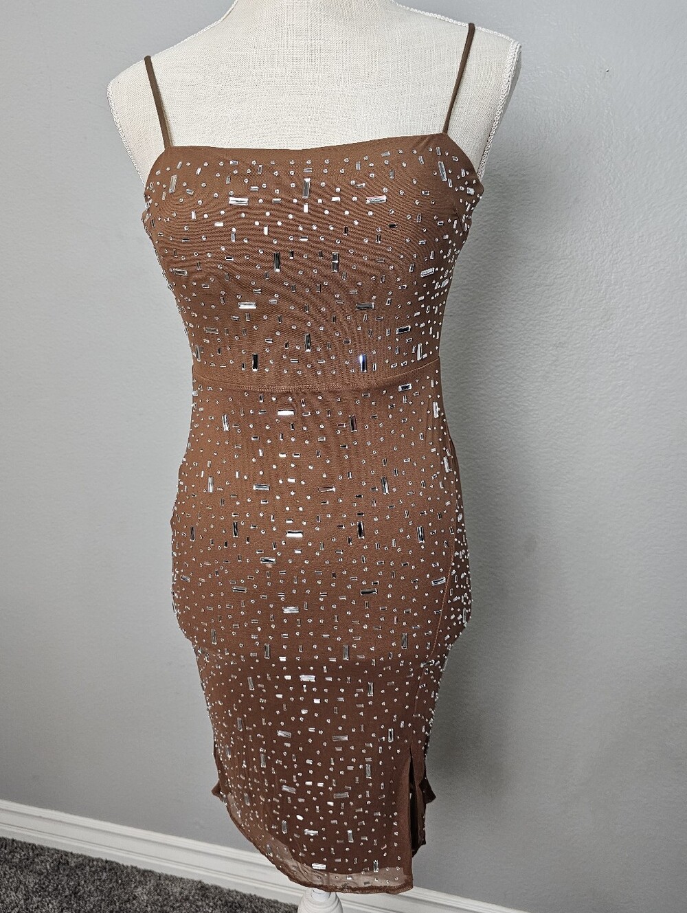 Windsor Small Brown Studded Rhinestone Homecoming Mini Dress Sleeveless